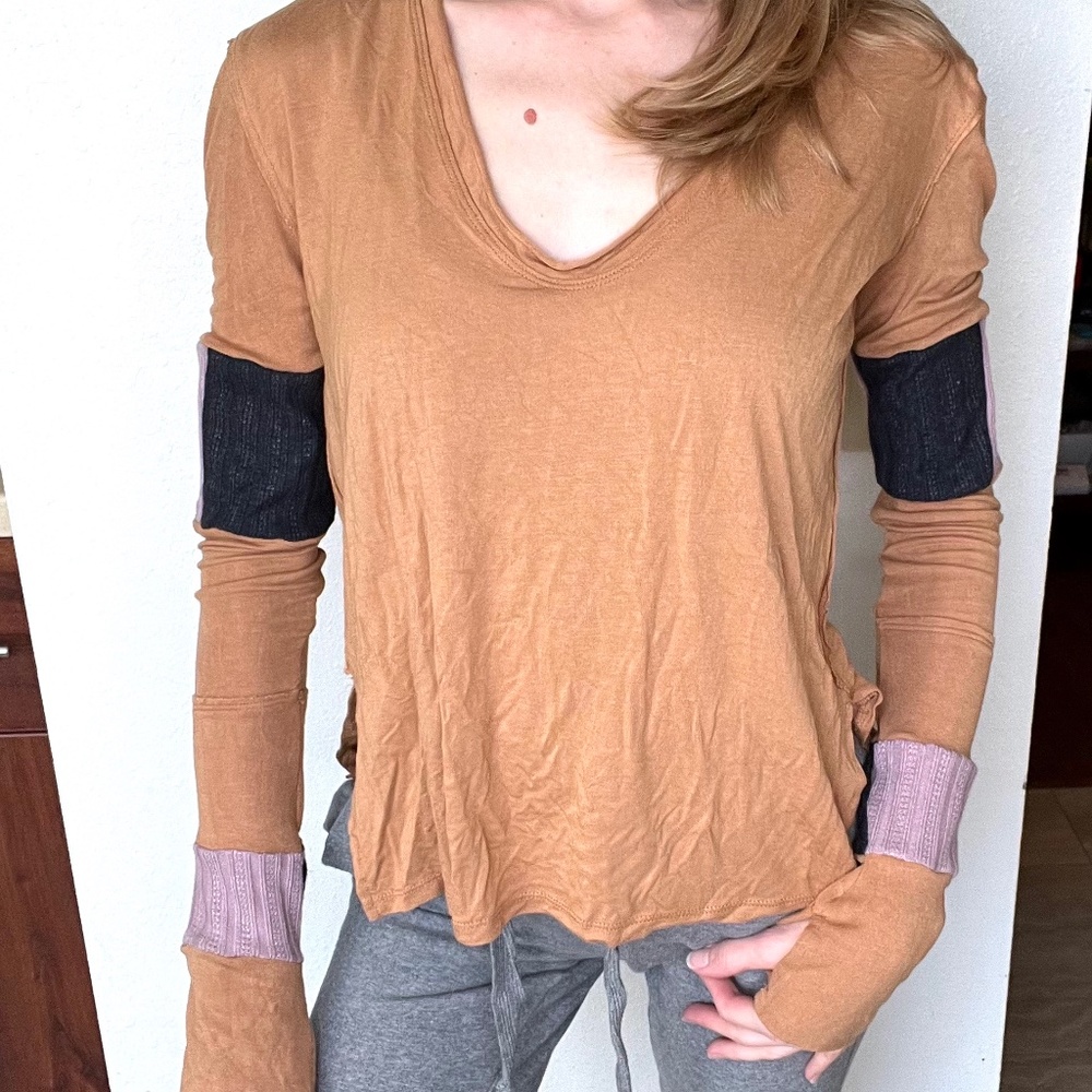 Upcycled Patchwork Shirt Brown Size Small Purple Knit Thumb Holes Handmade Boho